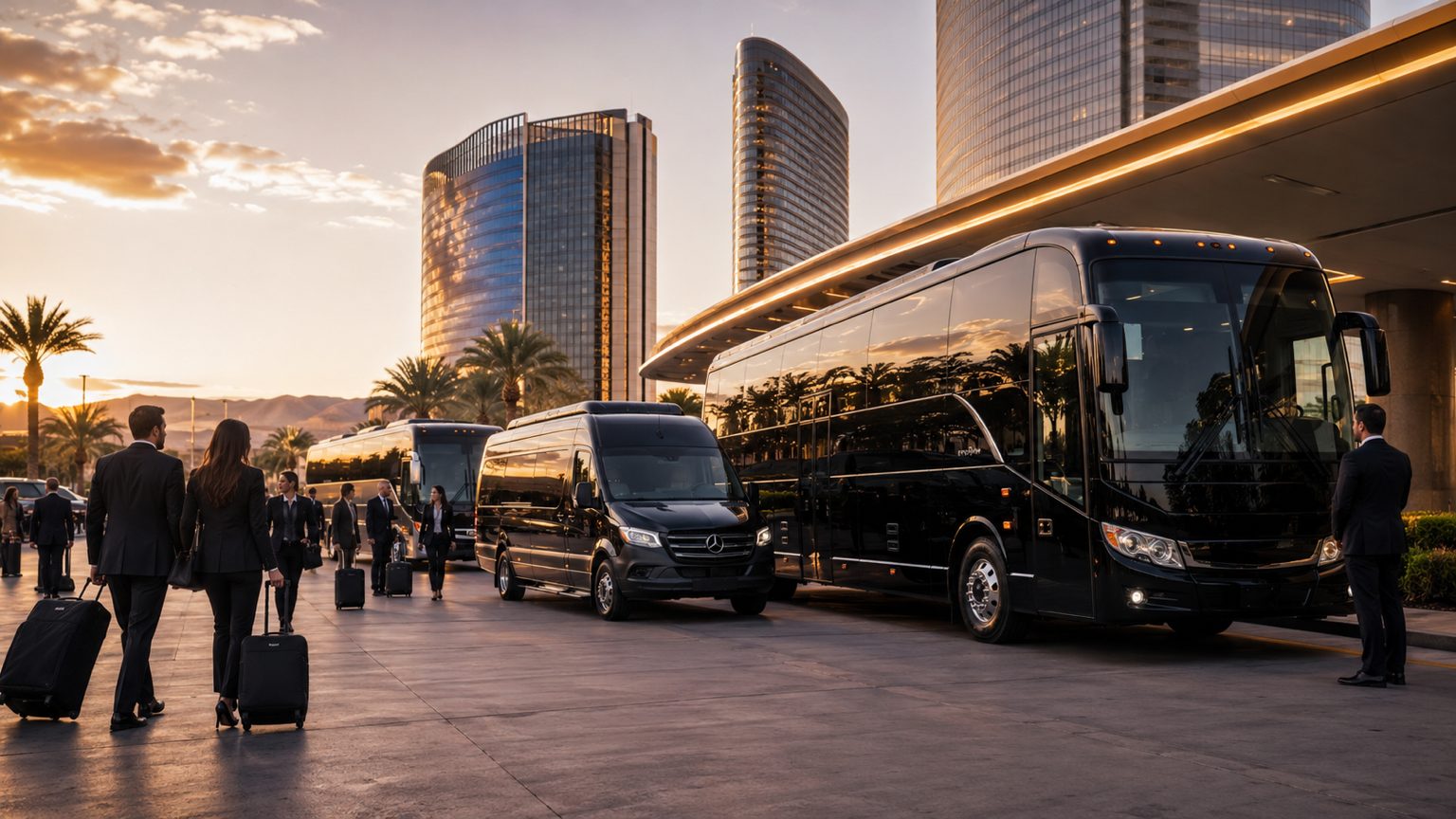 Luxury charter bus, executive Mercedes-Benz Sprinter, and chauffeured black SUV staged at a hotel porte-cochère at golden hour for Lake Buena Vista corporate conference and Bonnet Creek resort-shuttle programs