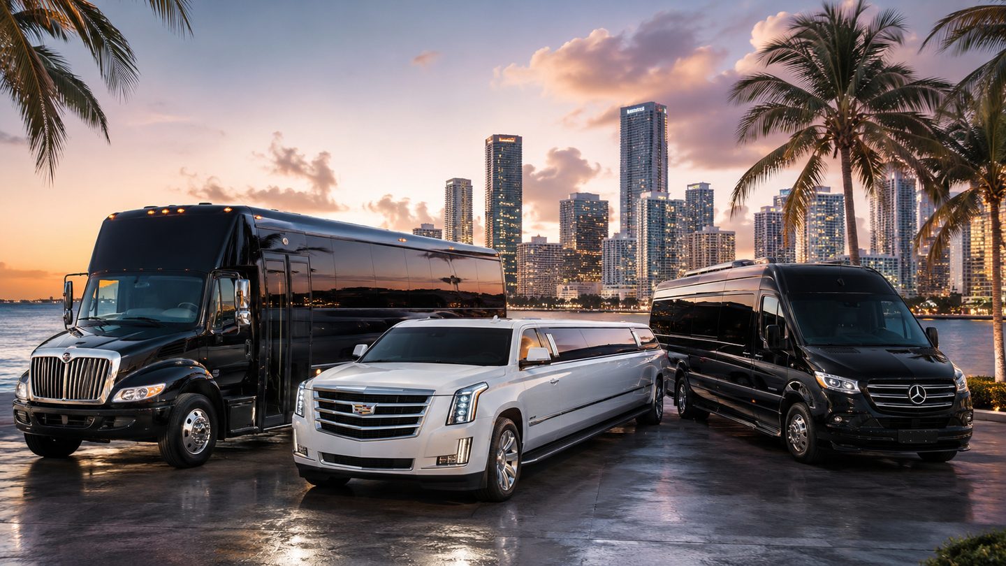 Flota coordinada de transporte de lujo para boda en Miami — party bus negro, limusina stretch blanca Cadillac Escalade y Sprinter Mercedes-Benz frente al horizonte de Brickell