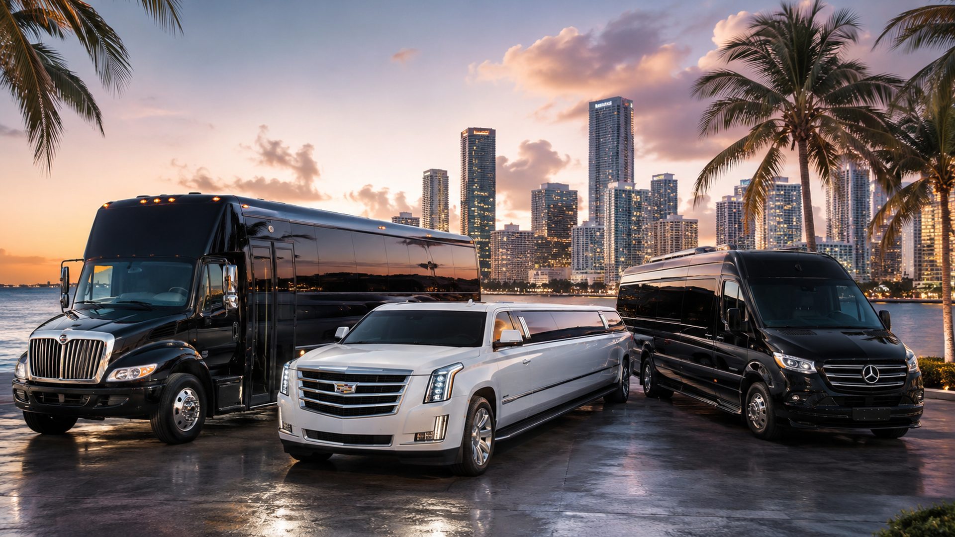 Miami party bus, stretch limousine, and Mercedes Sprinter luxury transportation