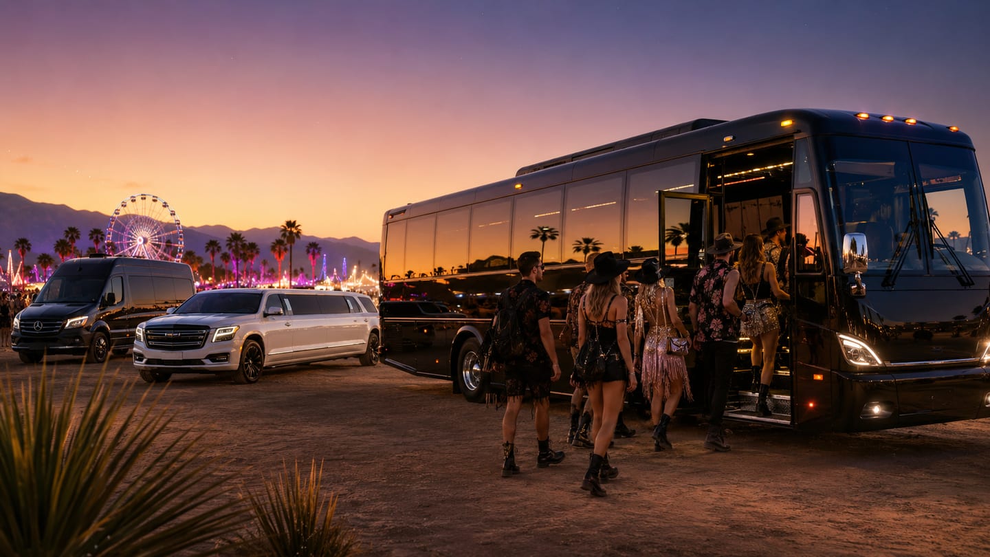 Servicio de shuttle para el festival Coachella con party bus, sprinter van y limusina stretch para transporte grupal al atardecer