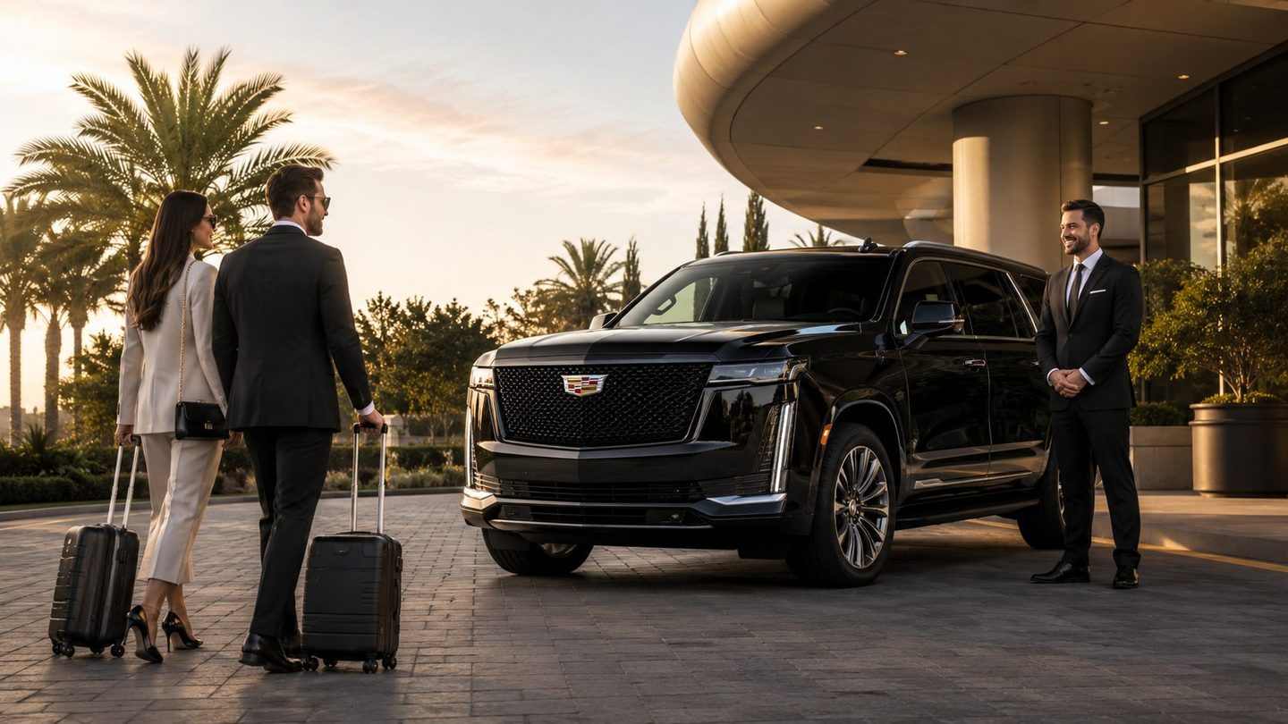 Black luxury SUV with professionally dressed chauffeur greeting travelers with luggage at an upscale hotel entrance at golden hour for private airport, cruise, and executive transportation