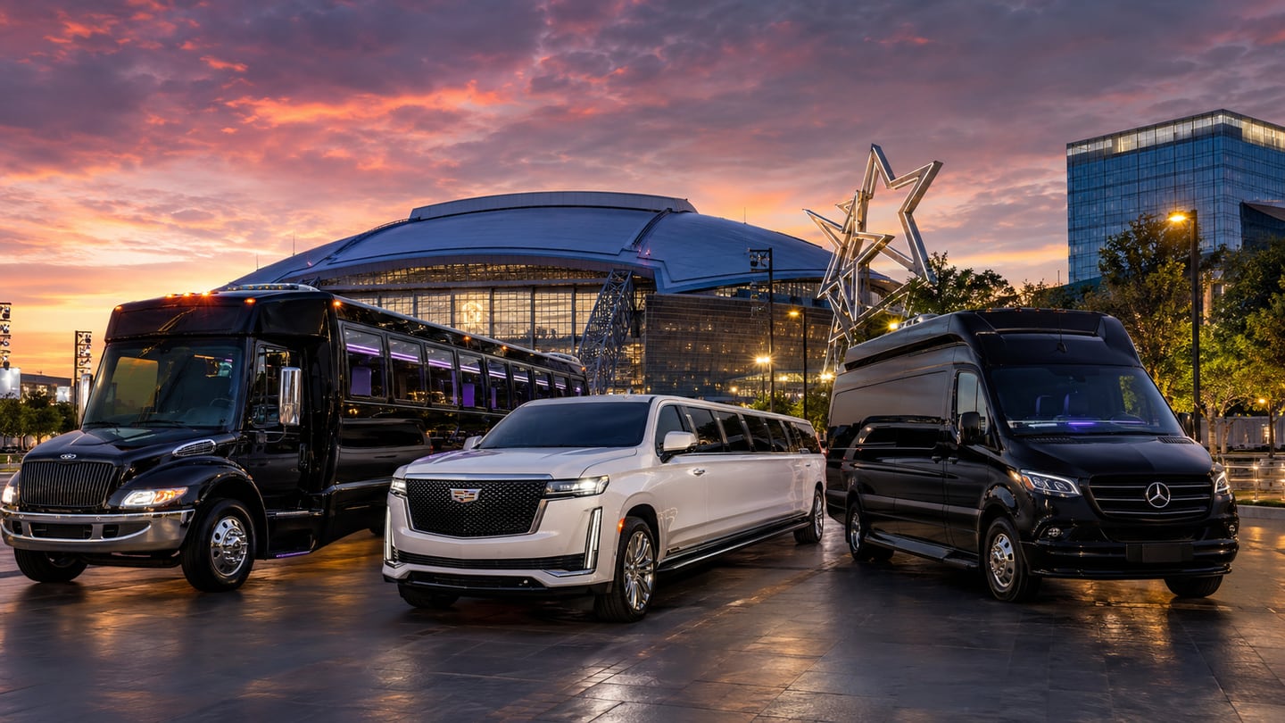 Black coach-style party bus, white modern stretch limousine, and executive Mercedes Sprinter staged at sunset on a polished plaza outside AT&T Stadium Arlington with the Texas Rangers star sculpture and adjacent skyline behind — Arlington party bus and limo service for Cowboys game-day group transportation, Rangers nights, AT&T Stadium concerts, Globe Life Field weddings, Six Flags family events, and DFW airport transfers