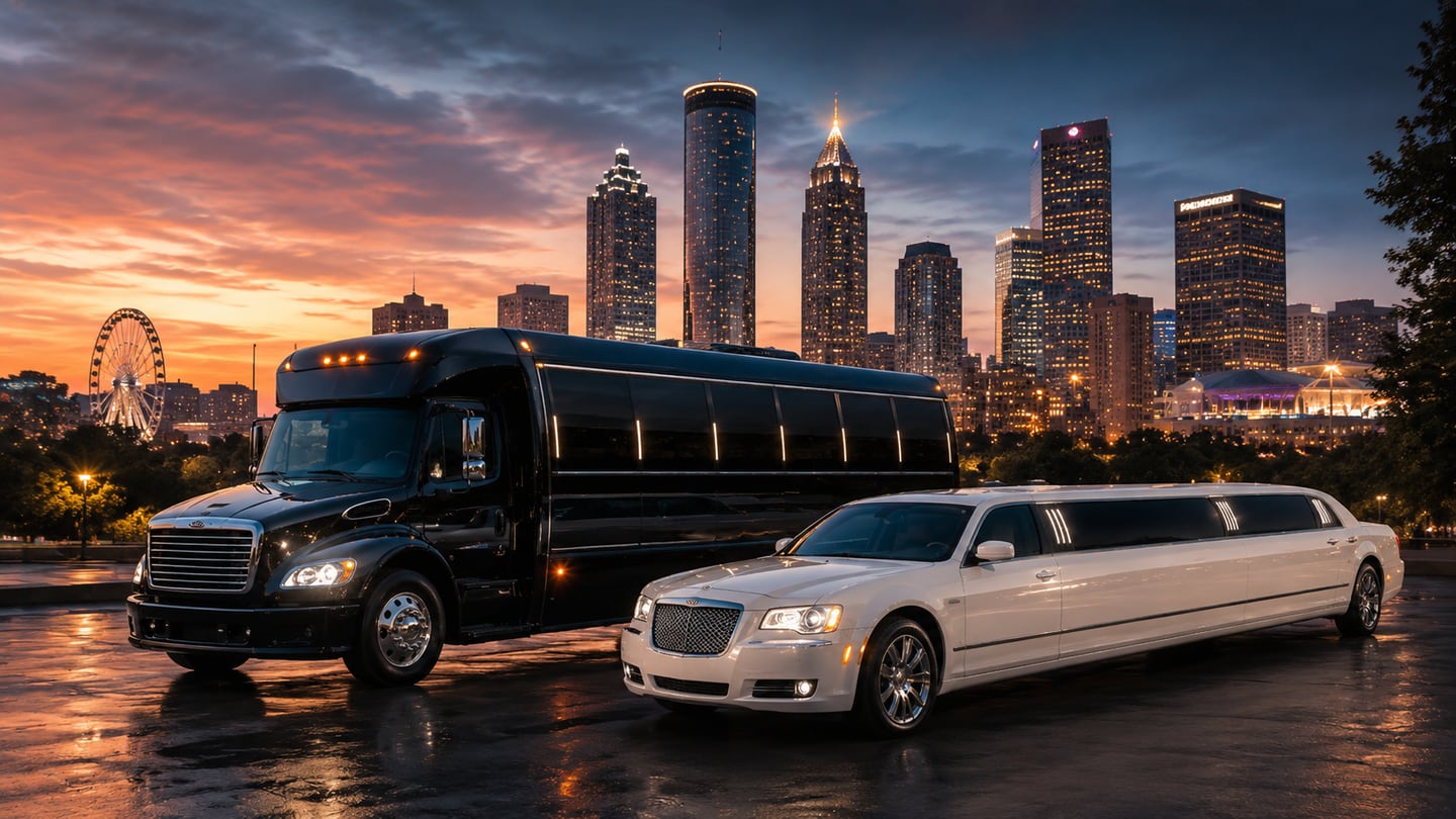 Black luxury party bus and white stretch limousine at twilight in front of the illuminated SkyView Atlanta ferris wheel and downtown skyline — Atlanta party bus and limo service
