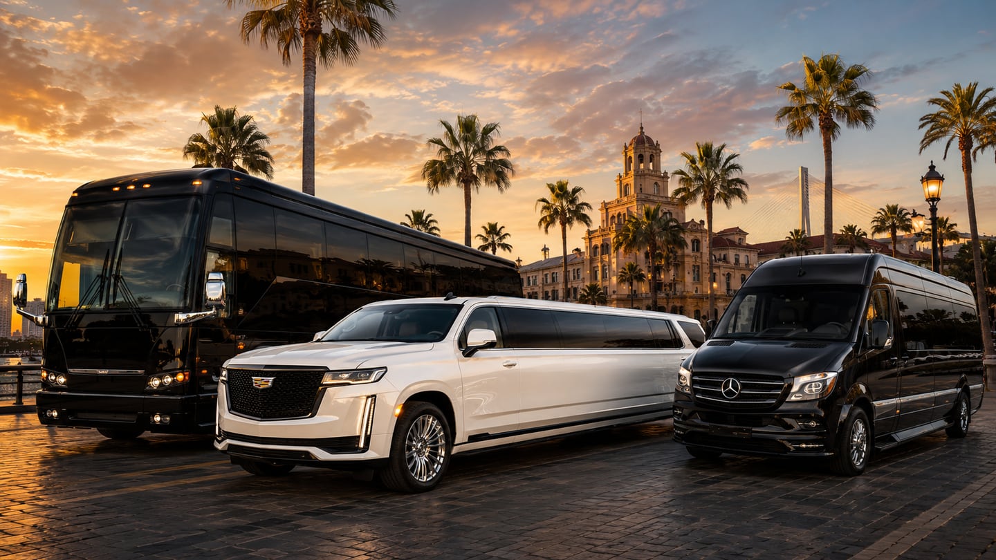 Black coach-style party bus, white modern stretch limousine, and executive Mercedes Sprinter staged at golden hour on a brick plaza with the downtown Brownsville skyline, South Texas palms, and a cathedral bell tower behind — Brownsville party bus and limo service for bilingual RGV weddings, quinceañeras, BRO airport transfers, SpaceX Starbase tours, and South Padre Island weekend group transportation