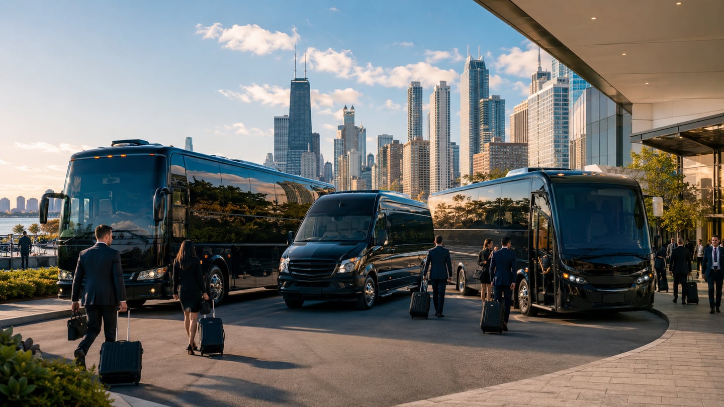 Executive black Mercedes-Benz Sprinter van and white luxury motor coach staged at McCormick Place lakefront convention campus in Chicago for trade-show and conference transportation
