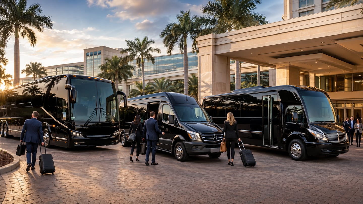 Executive black Mercedes-Benz Sprinter van and white luxury motor coach staged at the Orange County Convention Center entrance in Orlando at dusk for corporate conference and convention transportation