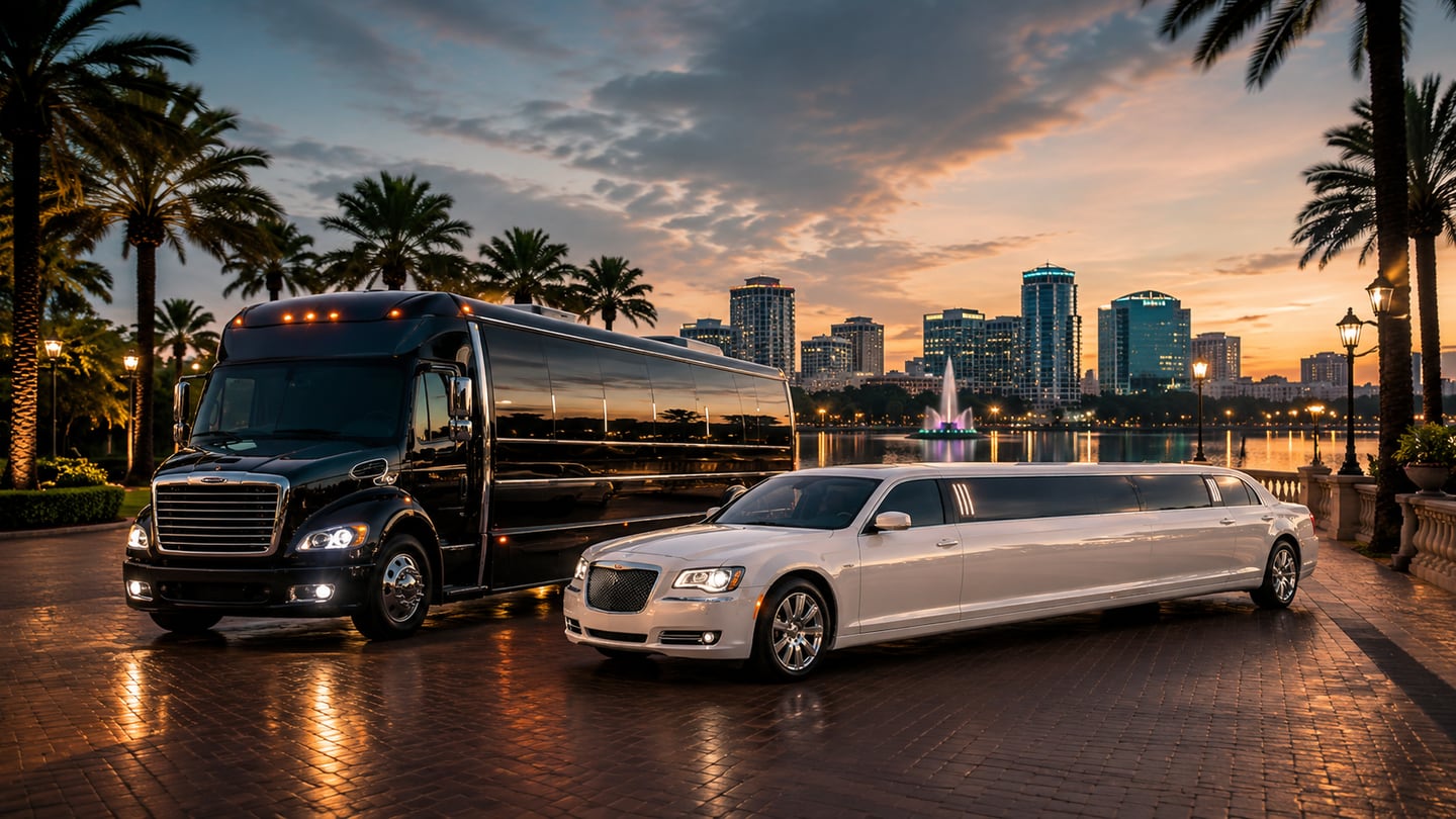 Black luxury party bus and white stretch limousine on a palm-lined walkway at sunset with the Lake Eola fountain and downtown Orlando skyline behind — Orlando party bus and limo service