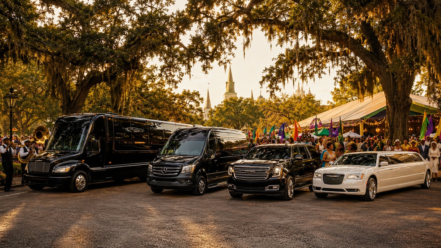 Luxury black party bus, black Mercedes Sprinter shuttle, black Cadillac Escalade SUV, and white stretch limousine for Outside Lands Music Festival transportation at Golden Gate Park in San Francisco