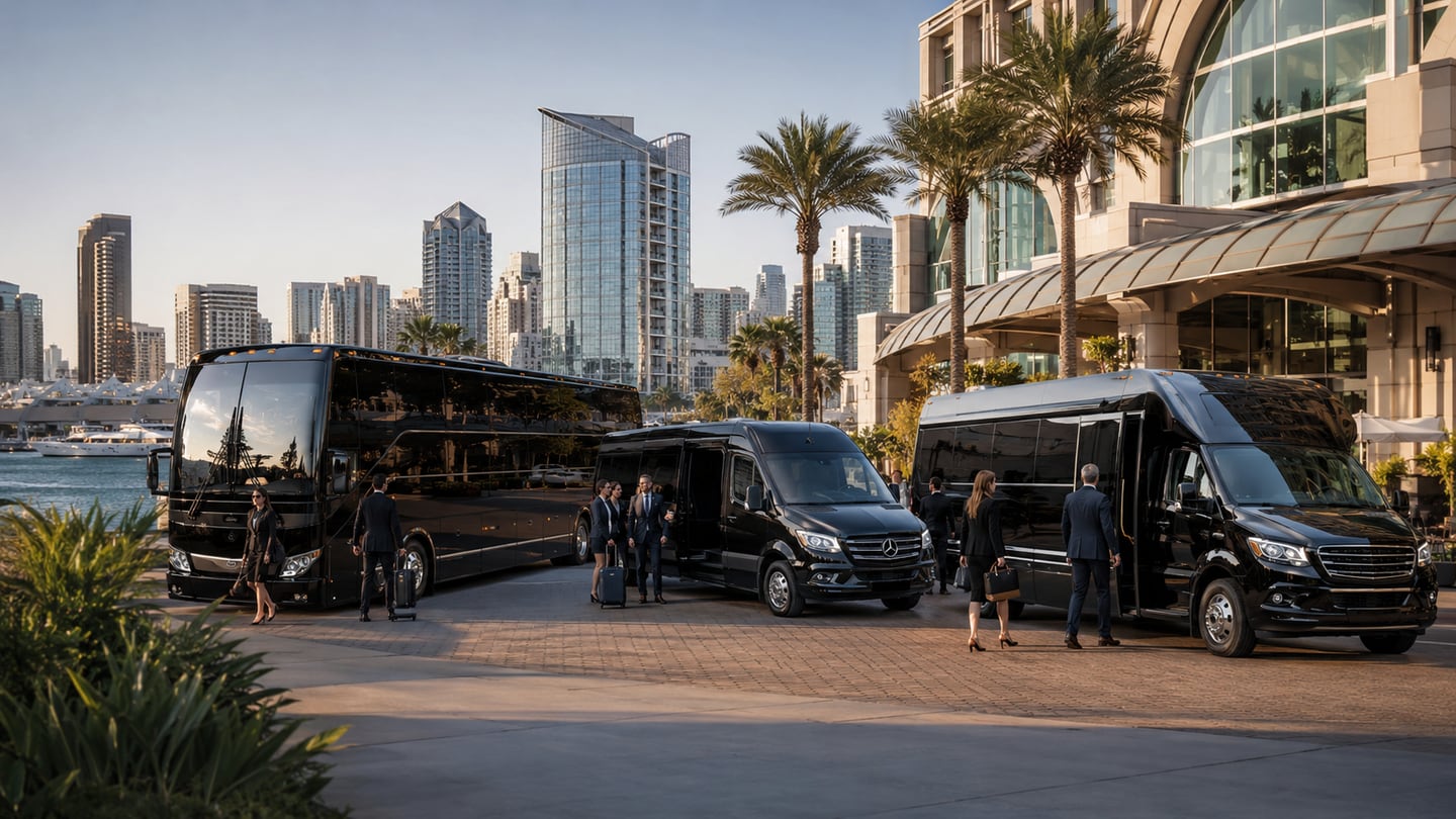Black corporate charter bus, executive Mercedes-Benz Sprinter van, and midsize black shuttle bus staged outside a San Diego waterfront convention hotel with the marina, palm trees, and downtown skyline behind for San Diego Convention Center and SAN airport group transportation