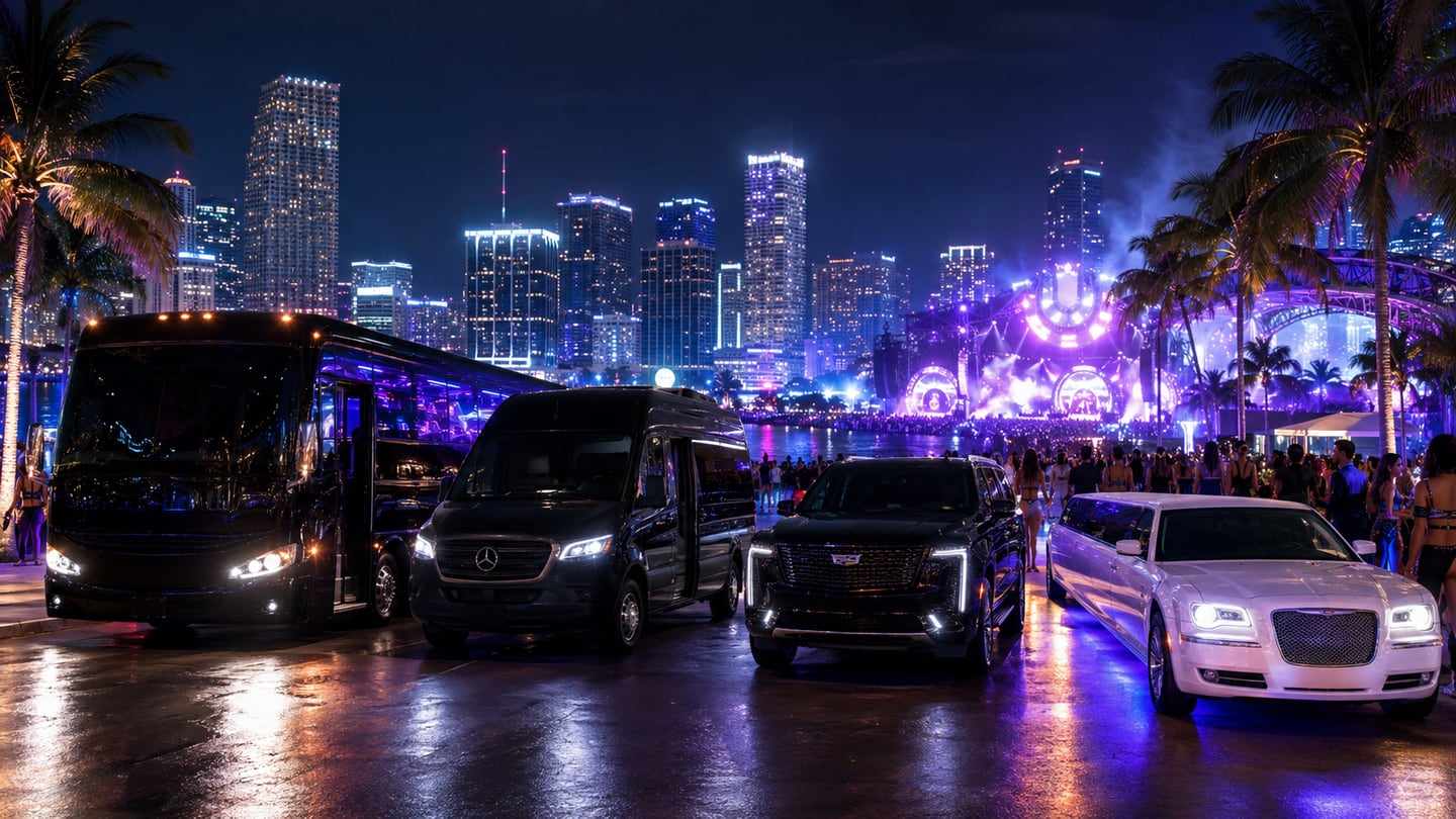 Luxury black party bus, black Mercedes Sprinter shuttle, black Cadillac Escalade SUV, and white stretch limousine for Ultra Music Festival transportation in downtown Miami at Bayfront Park