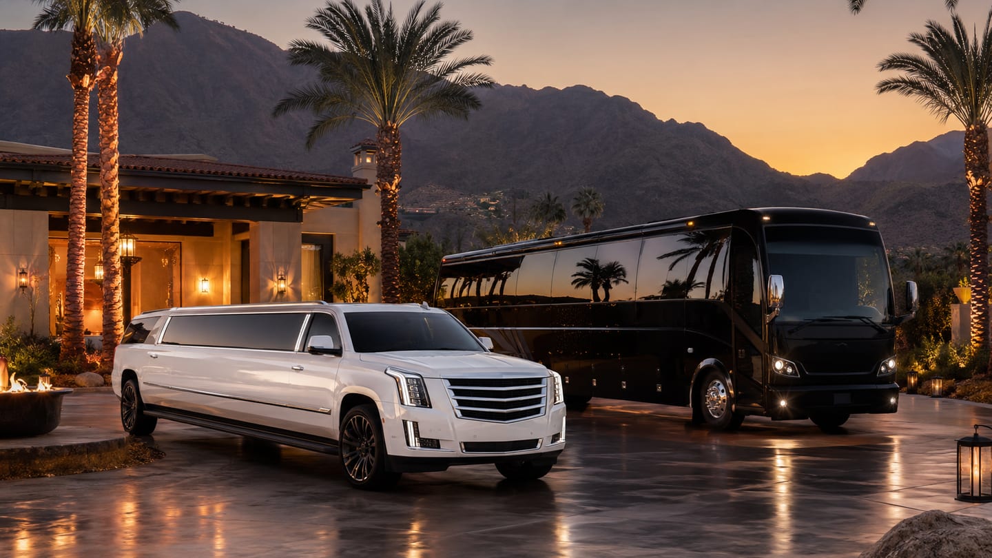 Palm Springs and Coachella Valley luxury resort transportation with white stretch limousine and black party bus at a desert estate