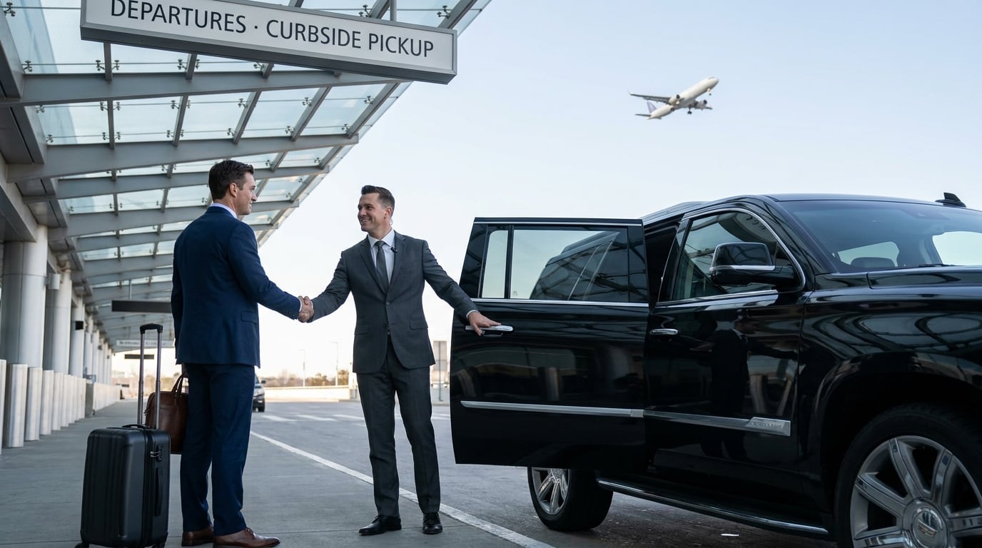 Chofer profesional en traje oscuro abriendo la puerta de un SUV Cadillac Escalade negro para un ejecutivo en la recogida del aeropuerto con un avión despegando