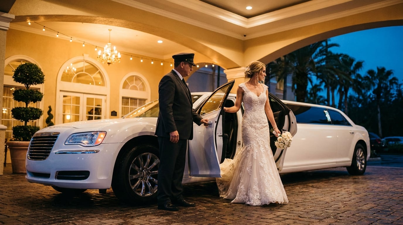 Bride in lace gown stepping out of a modern white stretch limousine with her chauffeur at the lit portico of a luxury hotel at night