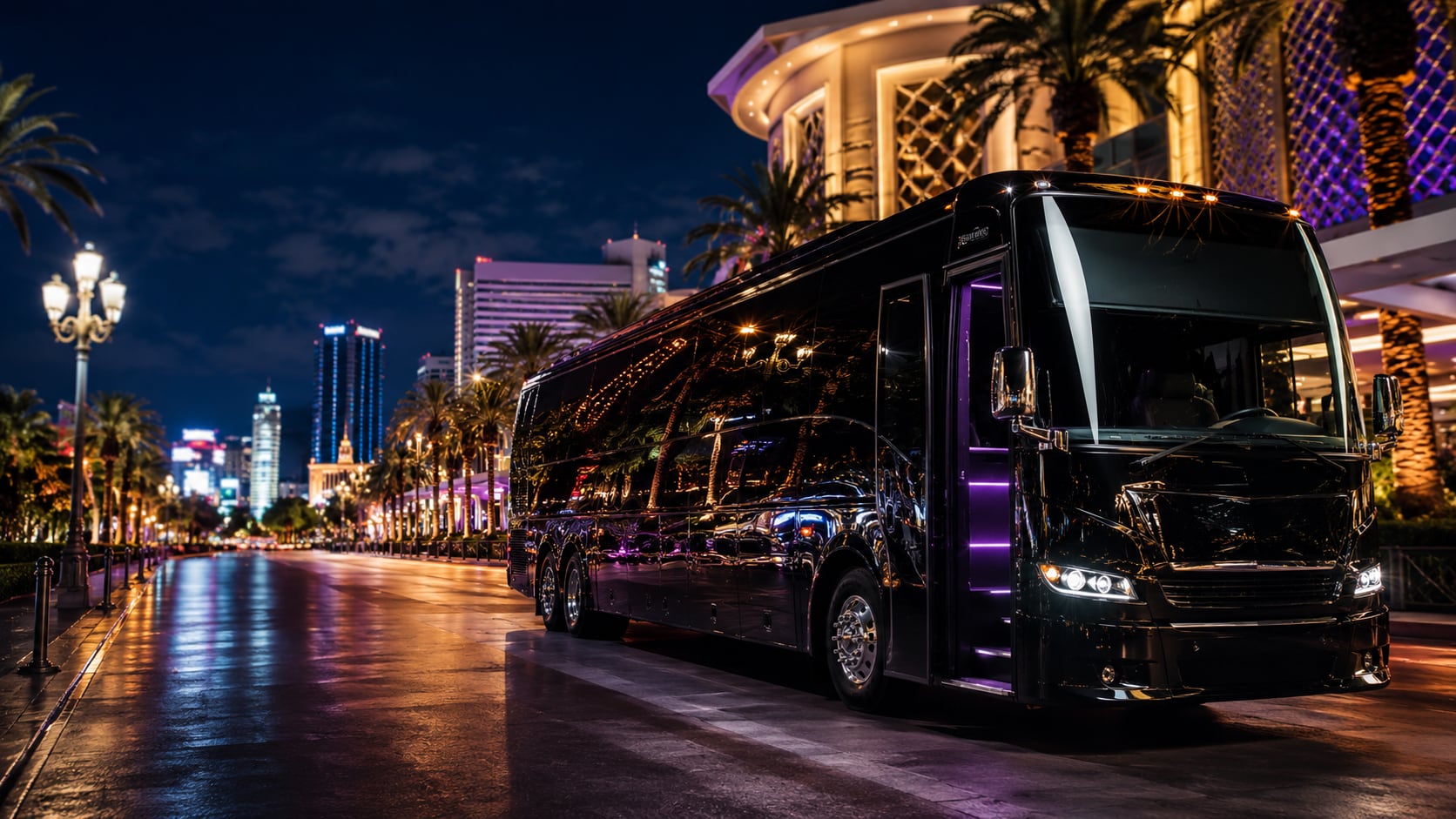Party bus negro de lujo estacionado en el Strip de Las Vegas de noche con palmeras iluminadas, fachada de hotel con neón y horizonte del Strip reflejado en pavimento mojado — transporte VIP nocturno