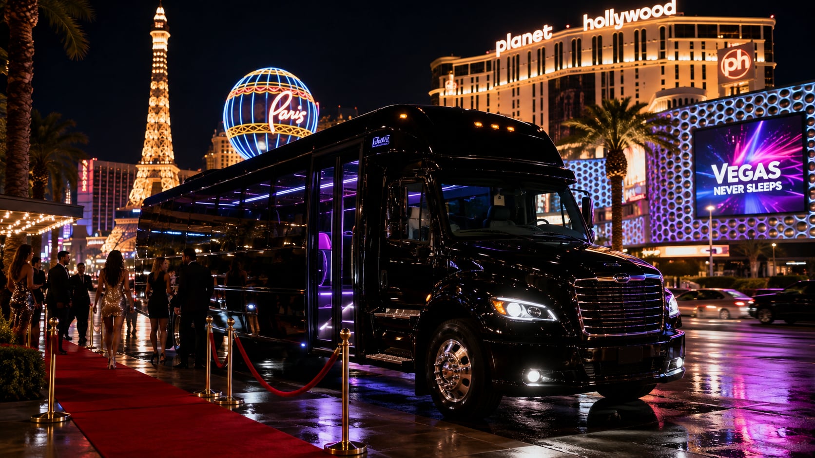 Glamorous group walking the red carpet beside a black luxury party bus on the Las Vegas Strip with the Paris hotel Eiffel Tower, Paris balloon, and Planet Hollywood billboard glowing behind them at night — bachelorette and VIP nightlife transportation