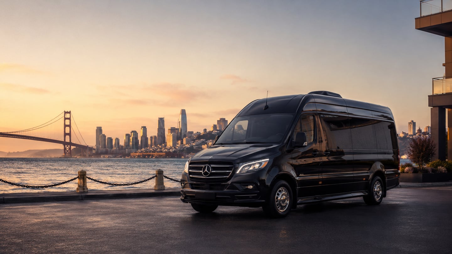 Black executive Mercedes-Benz Sprinter van parked at a Bay-front turnout with the Golden Gate Bridge and the San Francisco downtown skyline glowing at sunset — Bay Area corporate and luxury group transportation