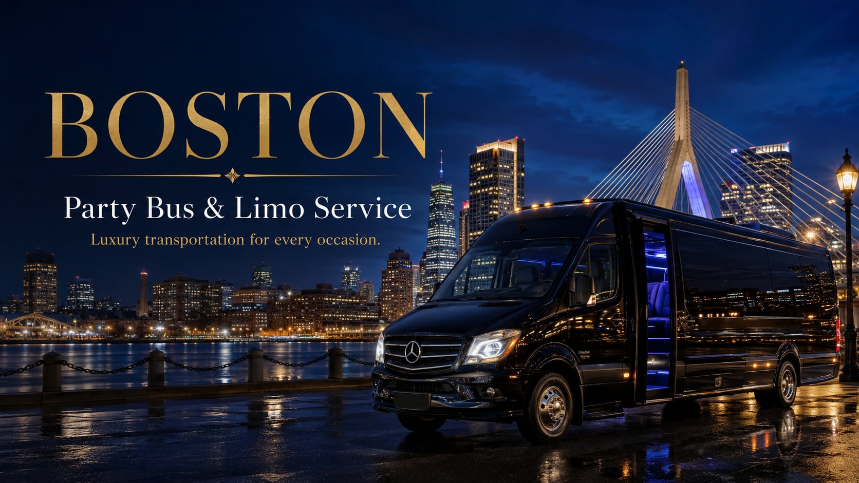 Party bus Sprinter Mercedes-Benz negro estacionado en el malecón de Boston de noche con el puente Zakim y el horizonte del centro de Boston iluminados — servicio de party bus y limusina en Boston