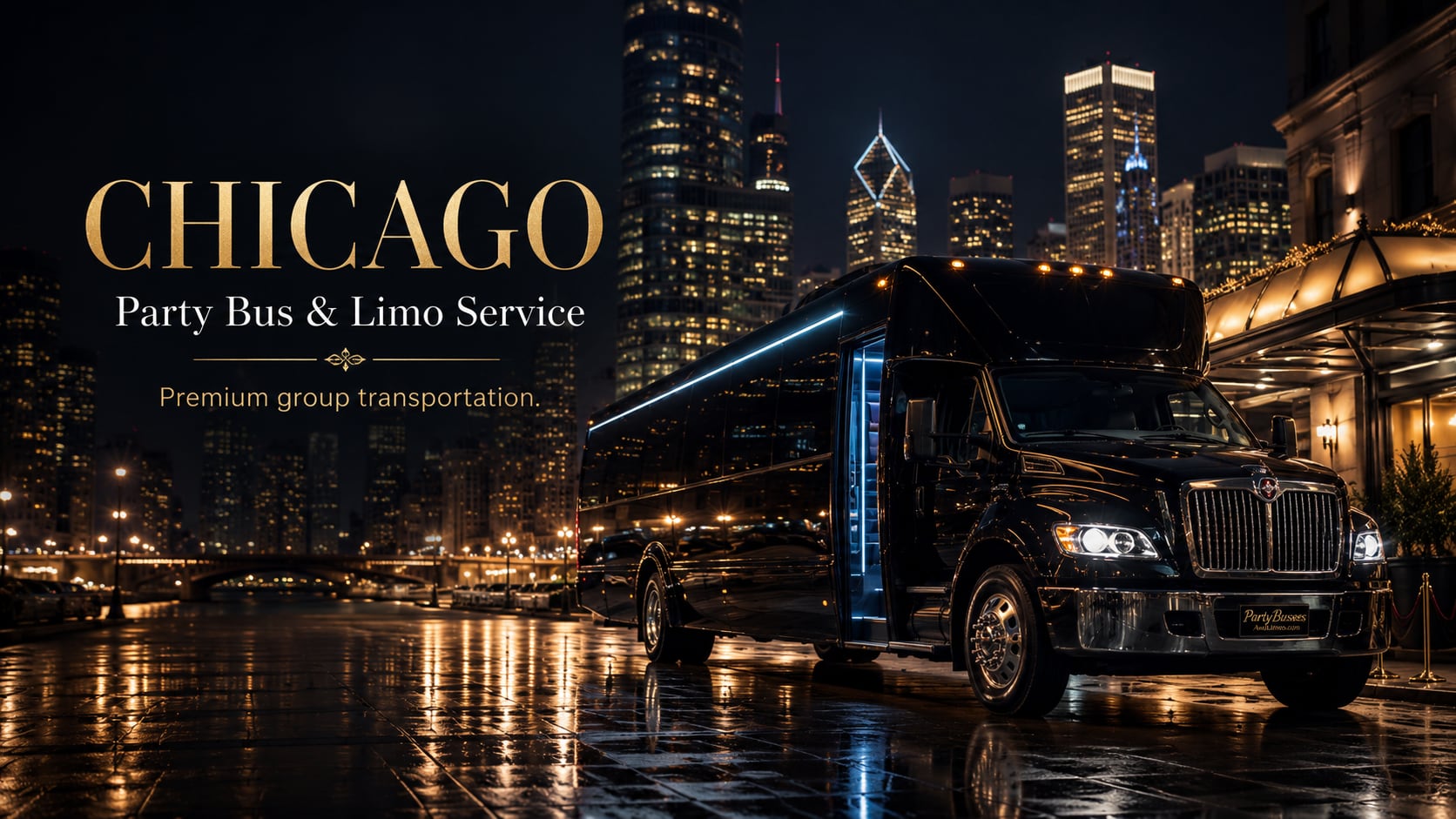 Coche de fiesta negro de lujo con luces LED estacionado junto al río Chicago de noche con el horizonte del centro iluminado — servicio de party bus y limusina en Chicago para vida nocturna, bodas y transporte corporativo