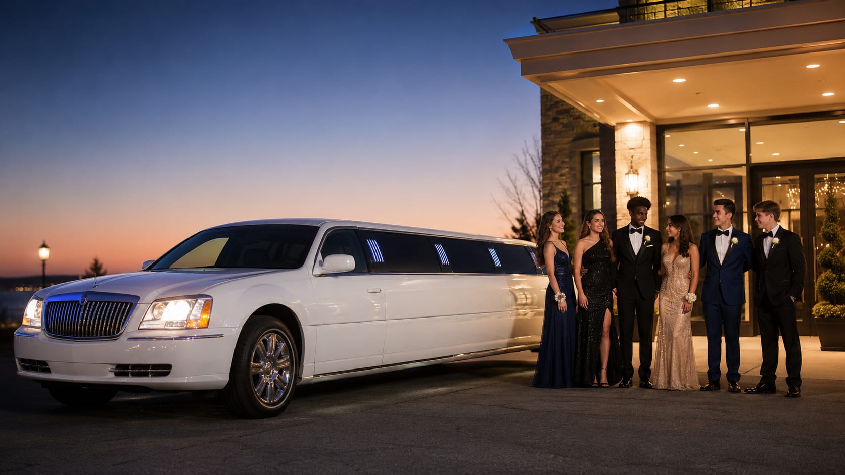 White stretch limousine arriving for prom with students in formal attire outside an upscale venue
