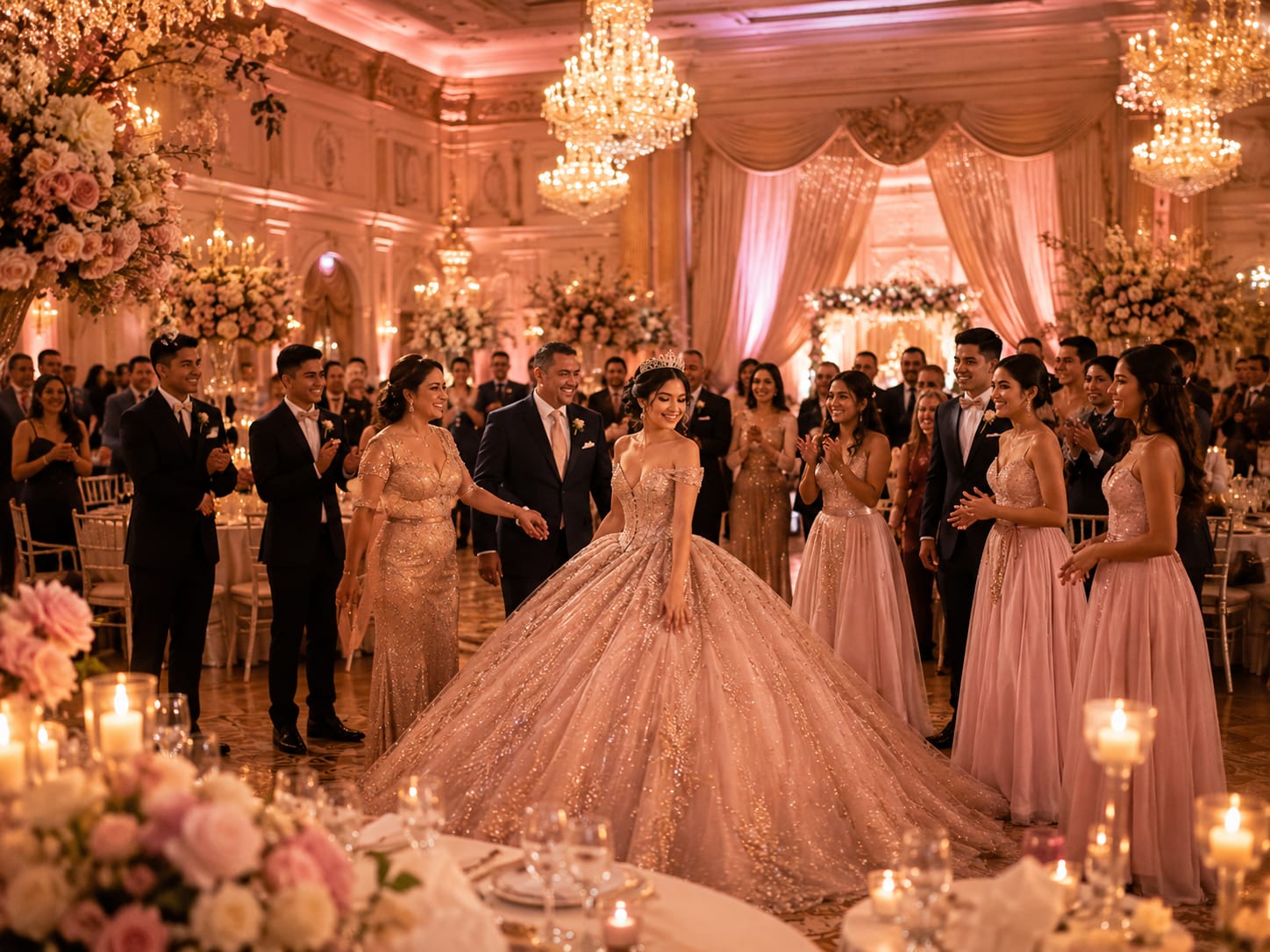 Recepción de boda elegante en un ballroom de Miami con candelabros, decoración floral, mesas largas y celebración formal latina