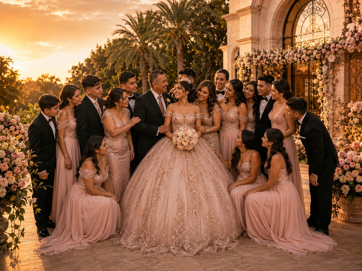 Familia y corte de honor de la quinceañera reunidos en un lugar elegante para una celebración formal