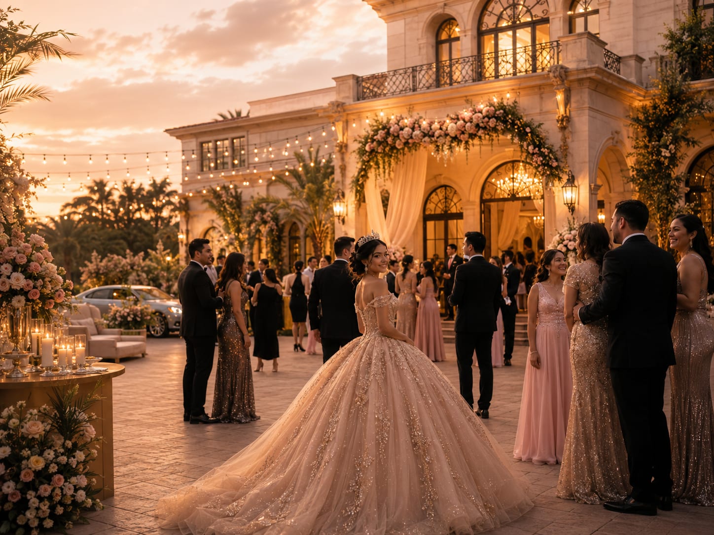 Elegante celebración de quinceañera al aire libre en un lugar de lujo con familia, amigos, decoración floral y cálidas luces de la tarde