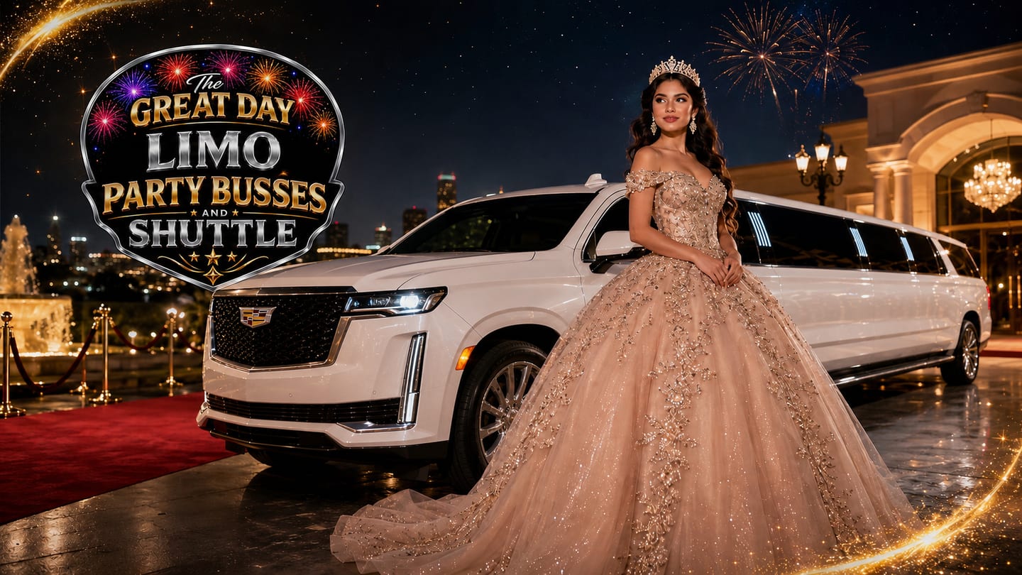Joven en vestido de quinceañera junto a una limusina Escalade blanca para transporte de lujo en fiesta de bus y limusina