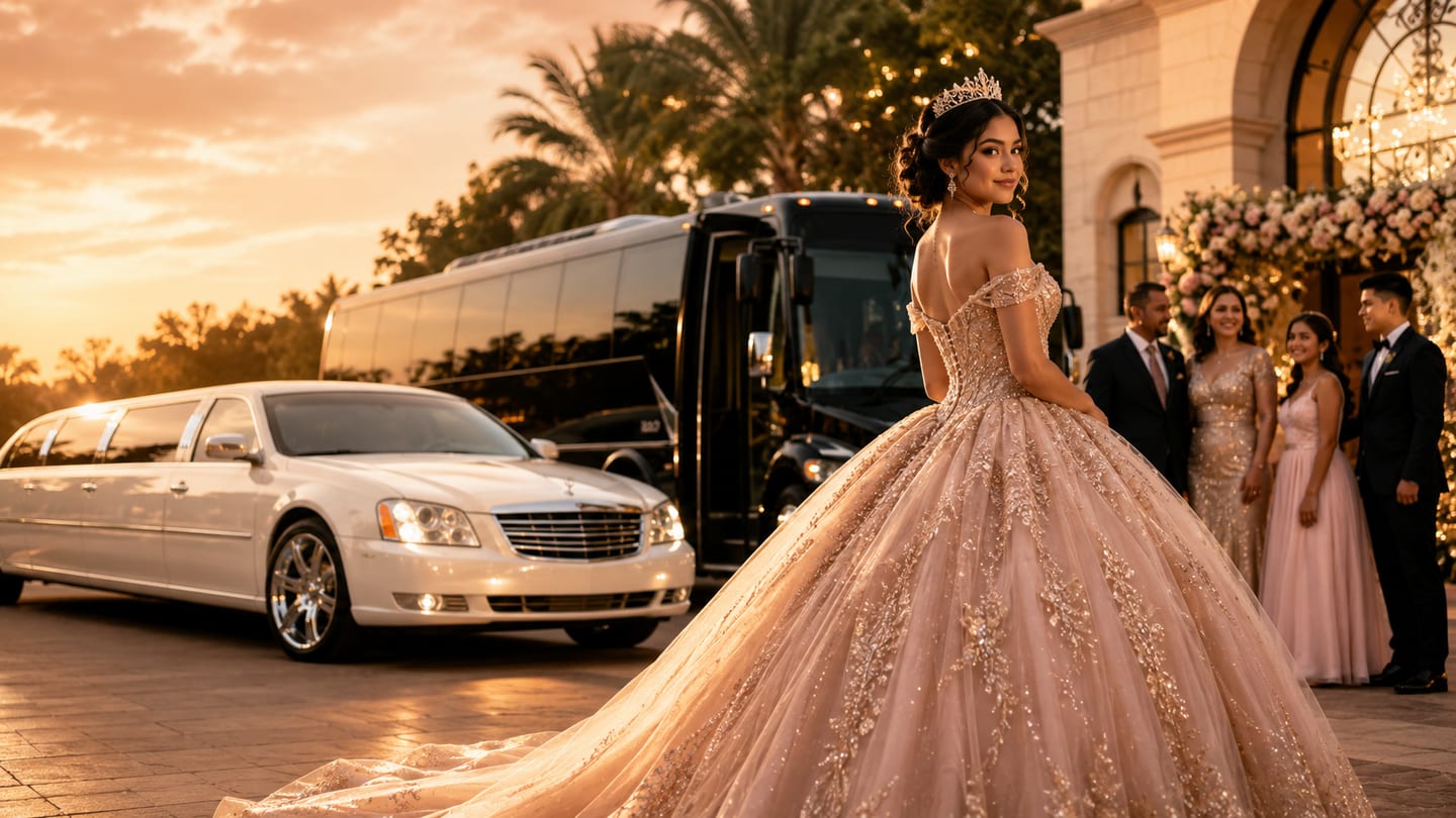 Quinceañera con limusina blanca y party bus negro al atardecer en una recepción de lujo
