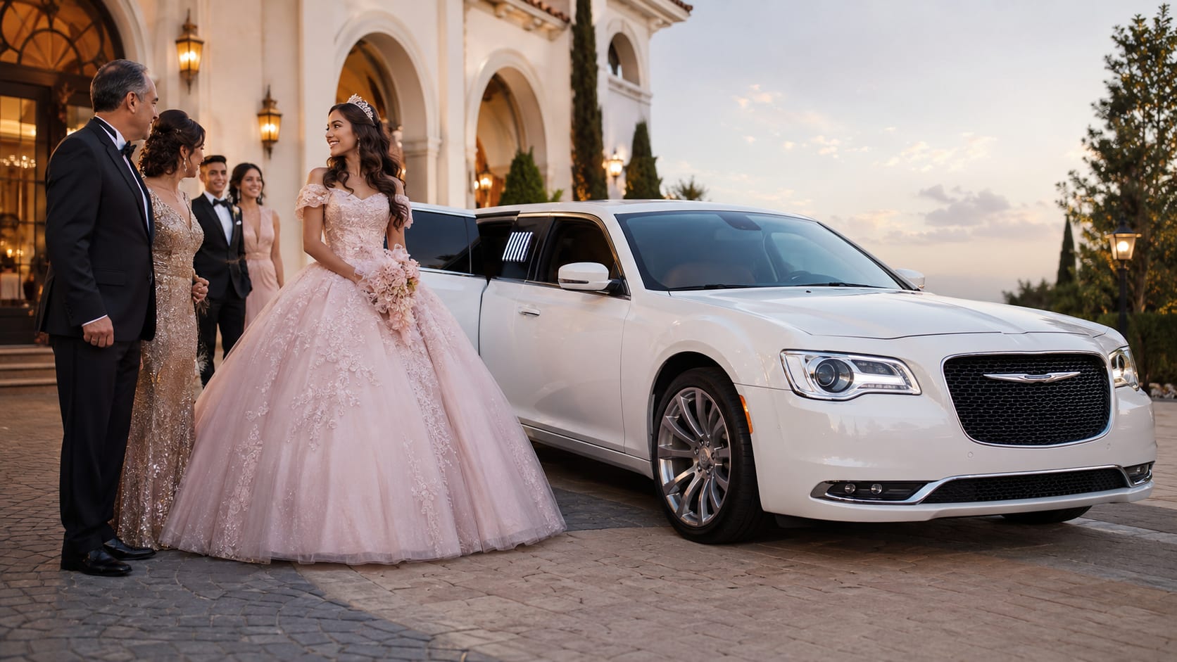 Novios elegantes llegando a la ceremonia junto a una moderna limusina stretch blanca al atardecer en Miami