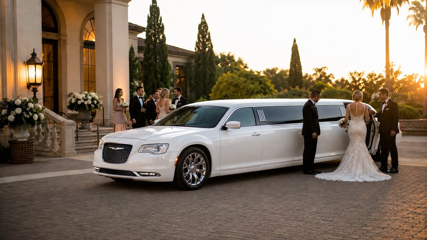 Limusina stretch blanca moderna estacionada frente a un elegante lugar de boda con los novios al atardecer